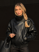 Jaqueta Feminina Oversized Couro Eco Gola Alta Estilo Europeia Vintage Premium Modern Verona