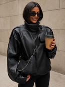 Jaqueta Feminina Oversized Couro Eco Gola Alta Estilo Europeia Vintage Premium Modern Verona