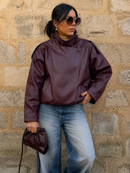 Jaqueta Feminina Oversized Couro Eco Gola Alta Estilo Europeia Vintage Premium Modern Verona