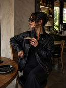 Jaqueta Feminina Oversized Couro Eco Gola Alta Estilo Europeia Vintage Premium Modern Verona