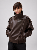Jaqueta Feminina Oversized Couro Eco Gola Alta Estilo Europeia Vintage Premium Modern Verona