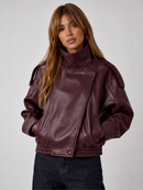 Jaqueta Feminina Oversized Couro Eco Gola Alta Estilo Europeia Vintage Premium Modern Verona