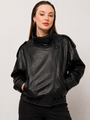 Jaqueta Feminina Oversized Couro Eco Gola Alta Estilo Europeia Vintage Premium Modern Verona